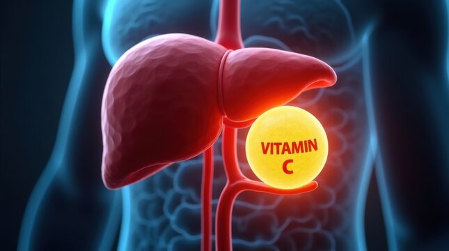 Representaci&oacute;n anat&oacute;mica de un h&iacute;gado que sostiene una esfera brillante de vitamina C