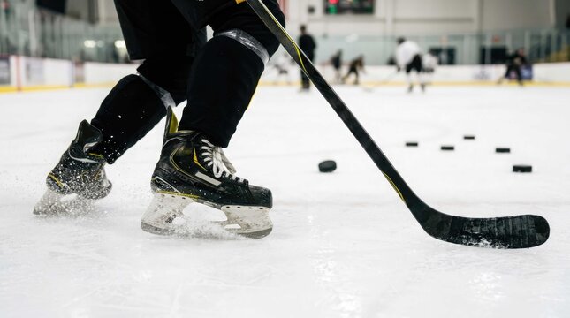 Ice hockey player skates with puck on rink