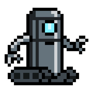 Sci-Fi Pixelated Mecha Robot with Tracked Wheels Game Asset Vector Illustration