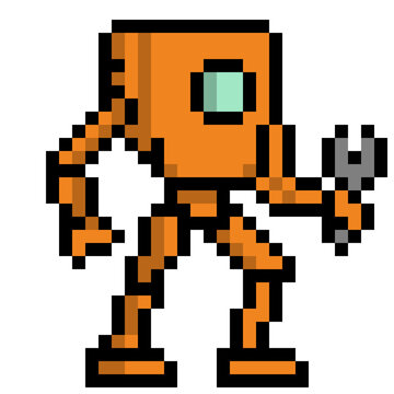 Retro Pixel Art Orange Mechanic Robot Holding Wrench Vector