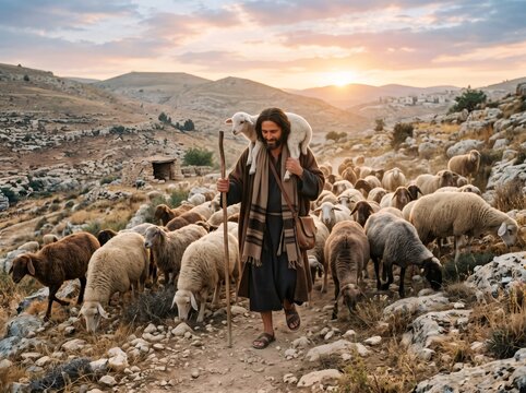 Good Shepherd carrying lost lamb in desert hills at sunset