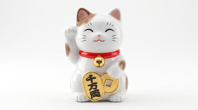 Maneki neko beckoning cat figurine with gold coins isolated on a clean bright white background