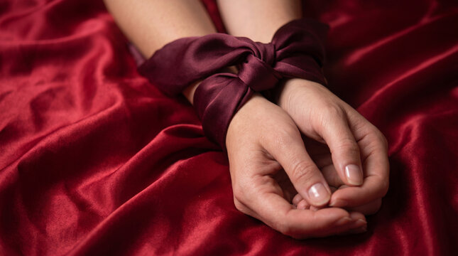 Extreme close-up of female hands tied with a silk scarf lying on crumpled red satin fabric, concept of intimacy, submission and BDSM seduction