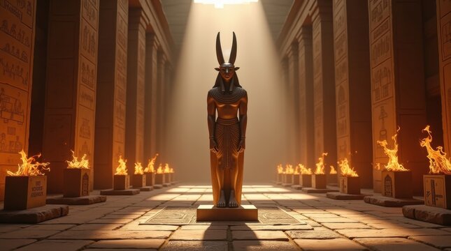 Estatua del dios egipcio Anubis de pie dentro de un templo antiguo