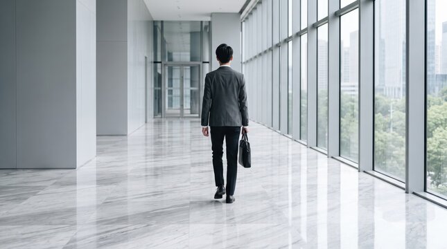Rear view of businessman in grey suit walking down long bright modern office corridor with large glass windows overlooking city, carrying briefcase, corporate architecture