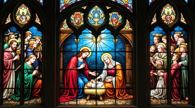 La Natividad de Jes&uacute;s representada en una magn&iacute;fica vidriera: Mar&iacute;a y Jos&eacute; junto al reci&eacute;n nacido Cristo en un humilde establo