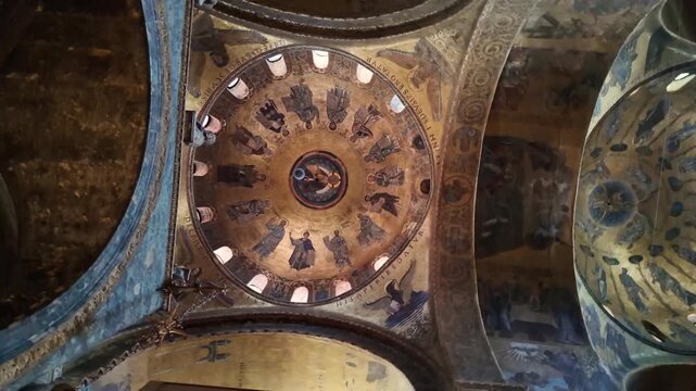 Interior of St. Mark's Basilica in Venice, Italy. One of the most important monuments on the lagoon, the church, rich in mosaics and ornate decorations, attracts millions of tourists annually.