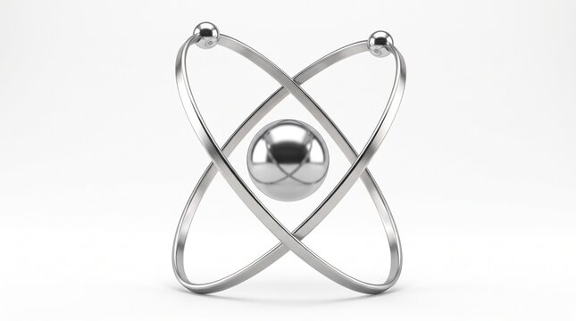 Shiny metallic atomic structure floating against a clean white background featuring smooth silver circular orbits