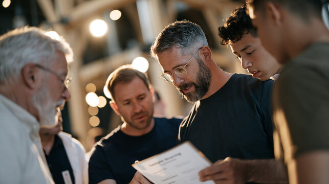 A group of axe throwing competitors huddles in a luxury timber lined venue before the next round begins as a UX researcher nearby labels sample scoring sheets, an