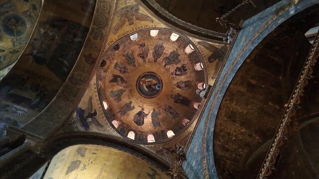 Interior of St. Mark's Basilica in Venice, Italy. One of the most important monuments on the lagoon, the church, rich in mosaics and ornate decorations, attracts millions of tourists annually.