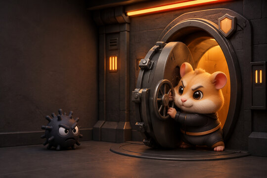 Cute chibi hamster closing a secure vault against ransomware