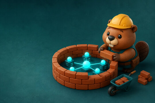Cute chibi beaver building a firewall around a computer network