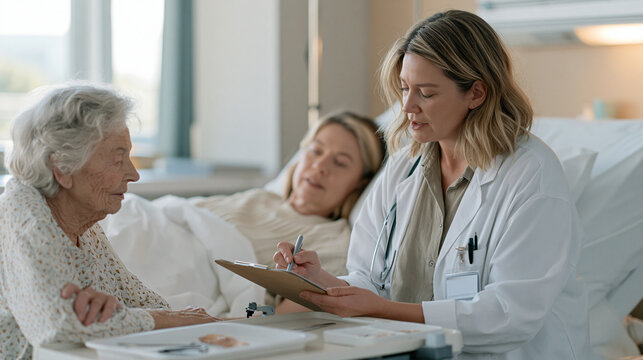 A plus size model taking careful observational notes beside a hospital bed, an elderly woman as the subject, a small tissue sample under close inspection on a tray nearby, the