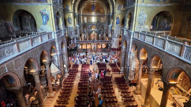 Interior of St. Mark's Basilica in Venice, Italy. One of the most important monuments on the lagoon, the church, rich in mosaics and ornate decorations, attracts millions of tourists annually.