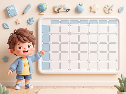 Cute 3D boy pointing at blank weekly schedule chart on wall with school icons, kids planner template mockup