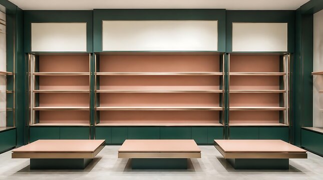 Empty retail store interior with wooden shelves and display tables.