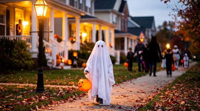 A child dressed as a ghost trick or treating on a residential street during autumn evening costume evening fall halloween holiday neighborhood
