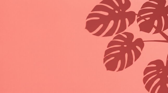 Tropical monstera leaves casting dark shadows on pastel pink wall, summer vibe aesthetic, botanical silhouette pattern, exotic plant decor, vibrant coral, nature inspired art