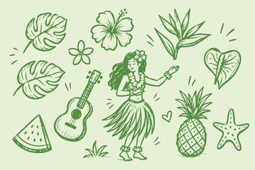 Hawaiian Tropical Elements: A vibrant collection of hand-drawn illustrations showcasing a hula dancer, ukulele, pineapple, hibiscus flower, and tropical leaves. © Taha
