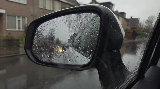 Rain drops on a car side mirror on a gloomy wet day with cyclist in background