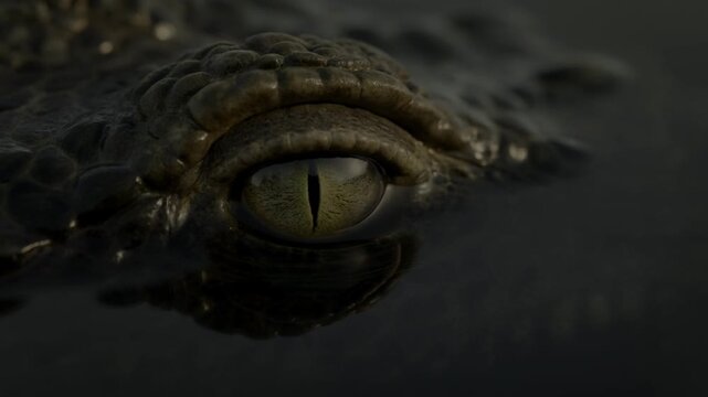 Crocodile eye above dark water showing textured scales and slit pupil