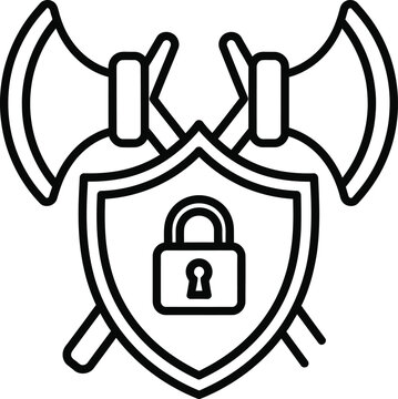 Monoline Double Headed Axe Labrys Shield Icon Featuring a Central Padlock Symbol for Security and Protection