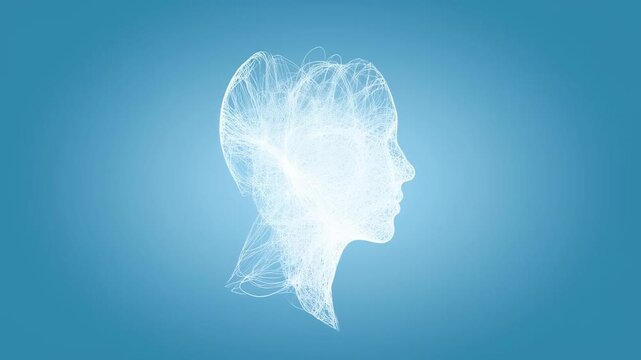 White wireframe human head profile on blue digital gradient background