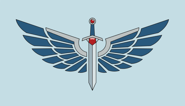 Legendary steel sword flanked by majestic blue feathered wings representing a royal fantasy crest.