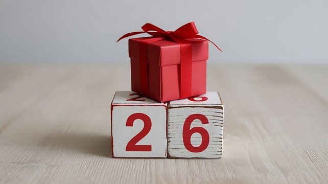 Red gift box on wooden blocks numbered 26