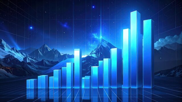 Glowing 3D bar chart rising against mountain background.