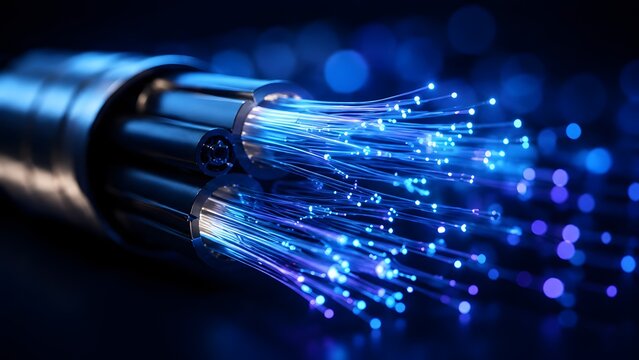 Fiber optic cable bundle with glowing blue light strands representing high speed data transmission and telecommunications network