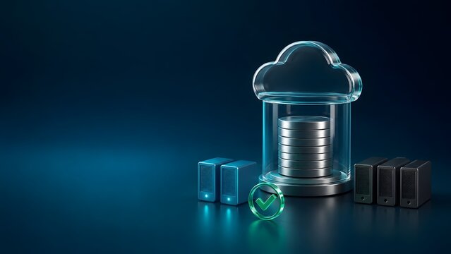 Cloud computing storage concept with glass cloud icon containing metallic database servers and green verified checkmark