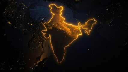 Fototapeta premium Glowing golden outline of India map on dark background.