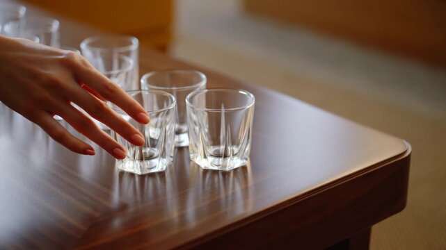 Drinking glasses arranged on wooden table as a hand holds another tumbler indoors