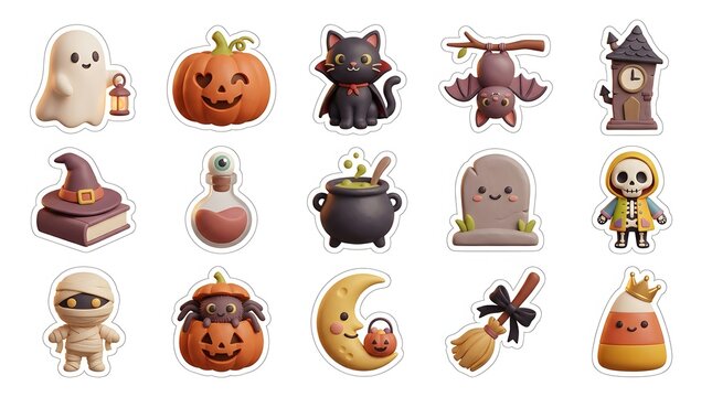 Set of cute halloween 3d icons featuring ghosts pumpkins cats and spooky festive holiday elements