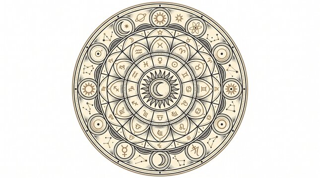 Intricate Astrology Wheel with Zodiac Symbols and Celestial Elements on White Background