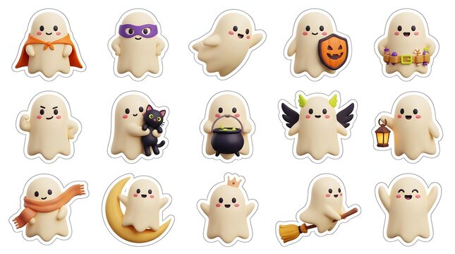 Set of cute ghost characters for a fun halloween 3d collection on a white background