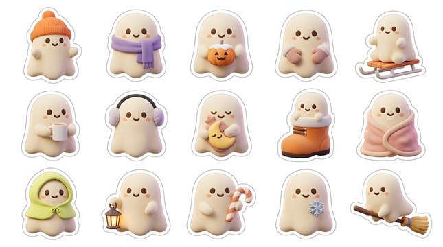 Set of cute ghost characters for halloween 3d render collection with various accessories and poses