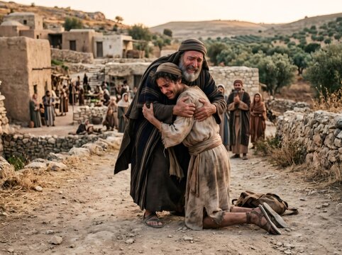 Father embracing returning son in ancient village