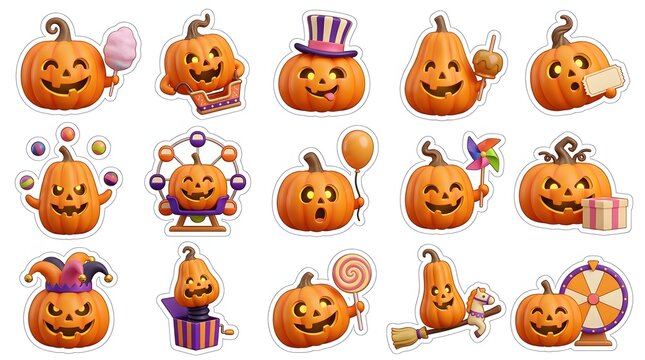 Set of cute halloween 3d pumpkin characters with various expressions and festive party accessories isolated