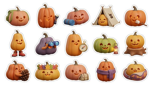 Set of cute halloween 3d pumpkin characters with various expressions isolated on a white background