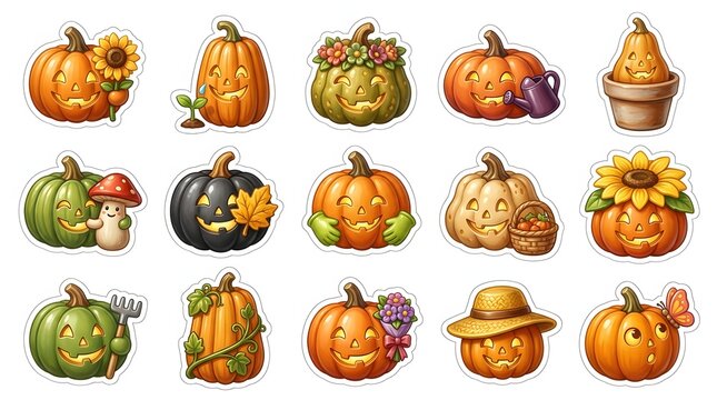 A collection of decorative halloween 3d pumpkins featuring autumn harvest elements and festive fall seasonal designs
