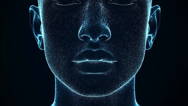 Digital human face formed by glowing particles against a dark background in front view