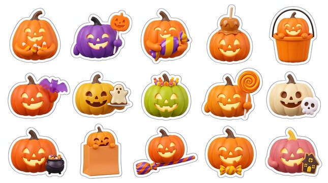 Set of colorful halloween 3d jack o lantern pumpkins isolated on a white background