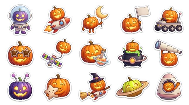 Set of cute halloween 3d icons featuring pumpkins and spooky characters on a white background