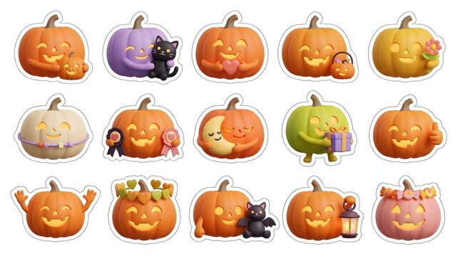Set of cute halloween 3d jack o lantern pumpkins with various expressions and festive decorations