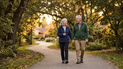Obraz premium Happy elderly couple walking together on a scenic path in a park during autumn.