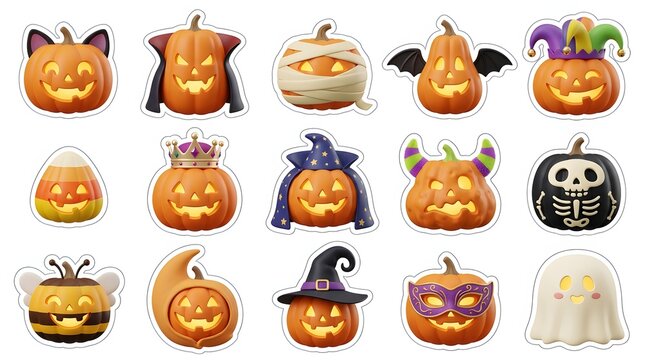 Collection of cute halloween 3d pumpkin characters with various costumes and expressions on white background