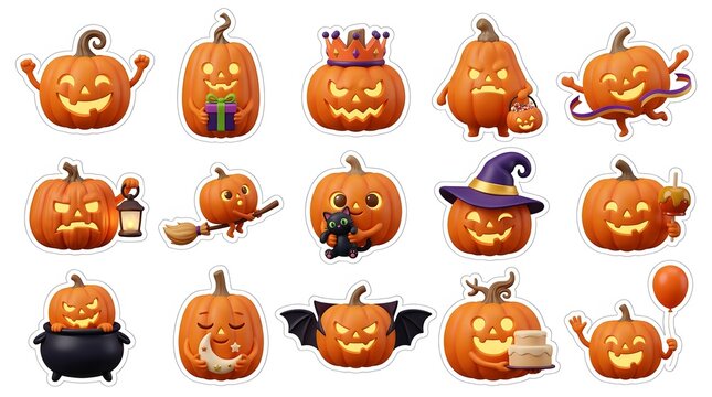 Collection of cute halloween 3d pumpkin characters with various expressions and festive seasonal accessories isolated