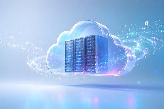 Abstract 3D render concept of secure cloud data storage with digital particles